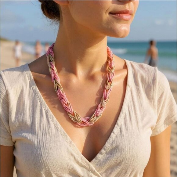 Coral & Beige Beaded Necklace – 19" Braided Linking Design | Handcrafted Boho - Picture 1 of 8